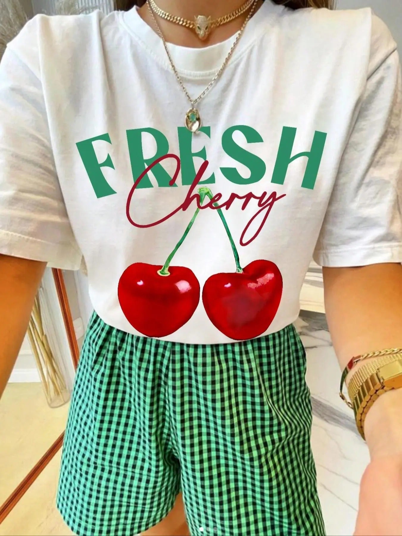 Women's Cherry & Letter Print Drop Shoulder Tee, Cute Casual Half Sleeve Round Neck T-Shirt for Summer, Fashion Women's...