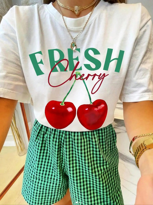 Women's Cherry & Letter Print Drop Shoulder Tee, Cute Casual Half Sleeve Round Neck T-Shirt for Summer, Fashion Women's...
