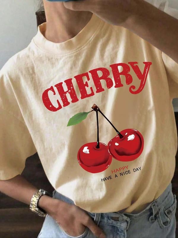 Women's Cherry & Letter Print Drop Shoulder Tee, Trendy Short Sleeve Round Neck T-Shirt, Ladies Clothes for Daily Wear...
