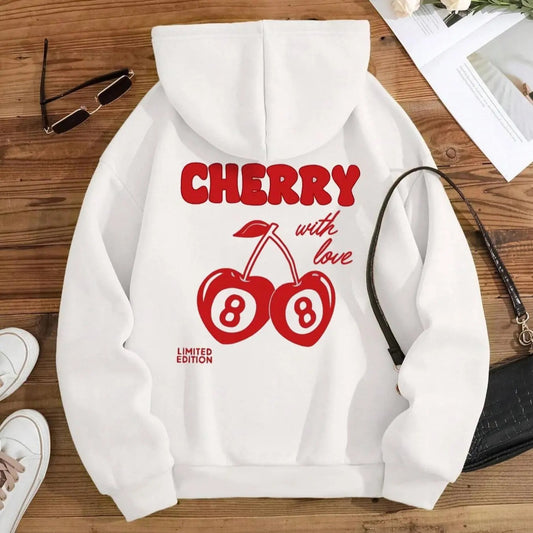 Women's Cherry & Letter Print Drop Shoulder Thermal Lined Hoodie, Fashion Casual Drawstring Pocket Hooded Sweatshirt for...
