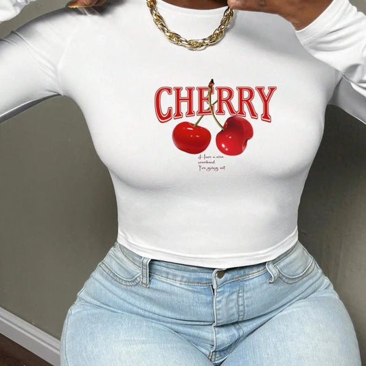 Women's Cherry & Letter Print Round Neck Crop Tee, Casual Long Sleeve Crew Neck T-Shirt for Daily Wear, Ladies Clothes...