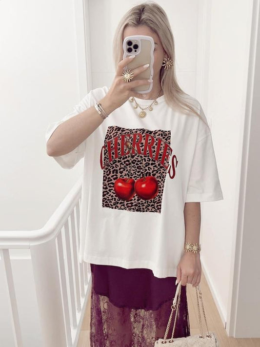 Women's Cherry & Letter Print Round Neck Tee, Fashion Casual Crew Neck Half Sleeve T-shirt for Daily Holiday Vacation...