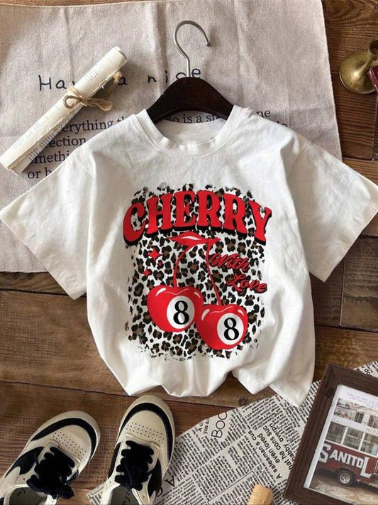 Women's Cherry & Letter Print Round Neck Tee, Fashion Casual Crew Neck T-shirt for Daily Holiday Vacation Outdoor Wear,...