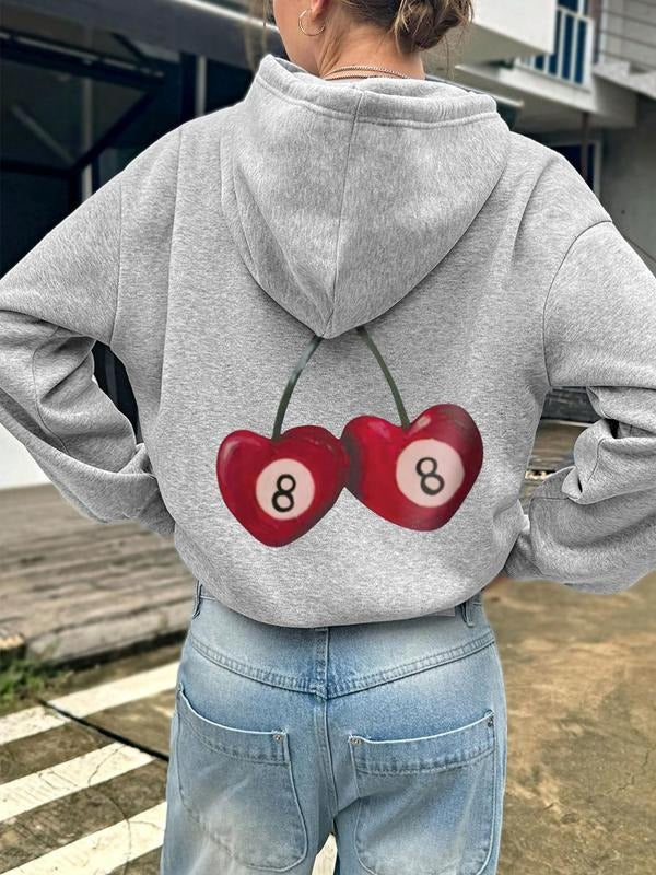 Women's Cherry & Number 8 Print Drop Shoulder Hoodie, Casual Drawstring Pocket Hooded Sweatshirt for Daily Holiday Wear,...