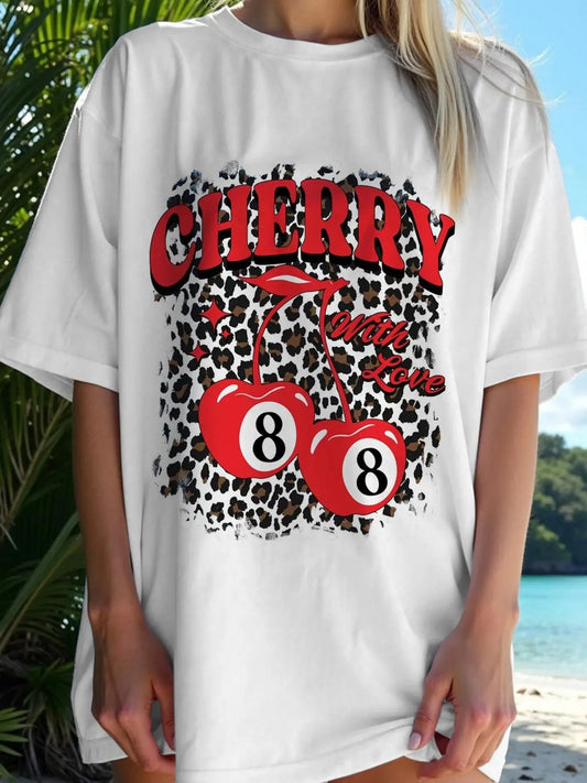 Women's Cherry & Number Print Round Neck Graphic Tee, Vintage Trendy Casual T-shirt for Daily Wear, Ladies All Seasons...