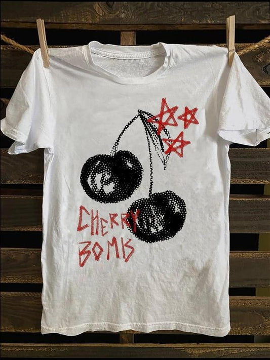 Women's Cherry & Star Print Round Neck Tee, Fashion Casual Short Sleeve T-shirt for Daily Wear, Ladies Summer Clothes,...