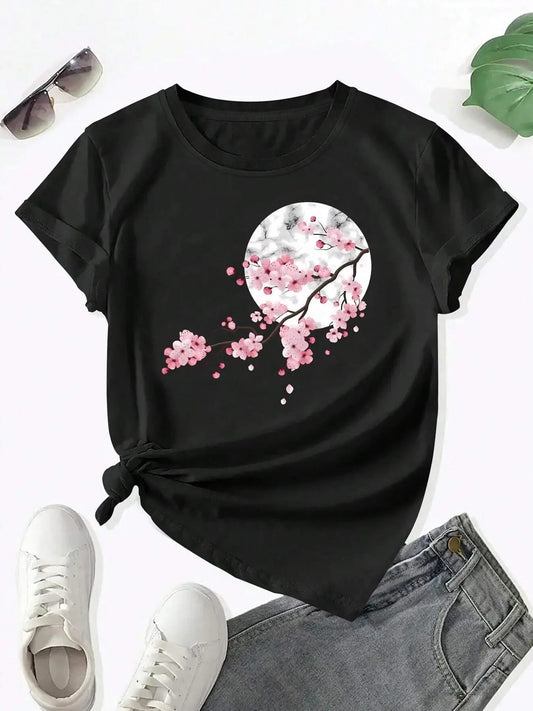 Women's Cherry Blossom Print Round Neck Tee, Fashion Casual Short Sleeve T-shirt, Ladies Summer Clothes for Daily Wear...