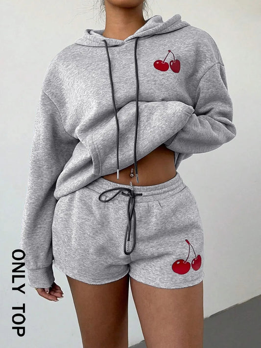 Women's Cherry Print Hoodie, Casual Long Sleeve Hoodie, Ladies Fall & Winter Clothes for Daily Wear T-Shirts, Sweatshirt