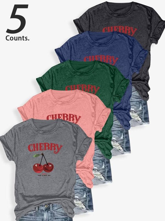 Women's Cherry Print Round Neck Tee, Casual Short Sleeve Crew Neck T-shirt for Daily Wear, Ladies Clothes for All...
