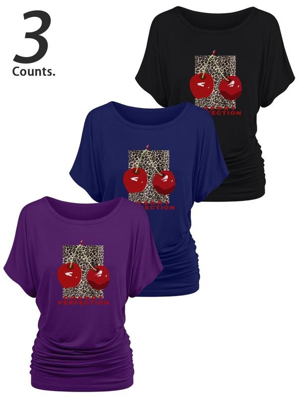 Women's Cherry Print Round Neck Tee, Casual Short Sleeve T-shirt for Daily Wear, Ladies Clothes for All Seasons,...