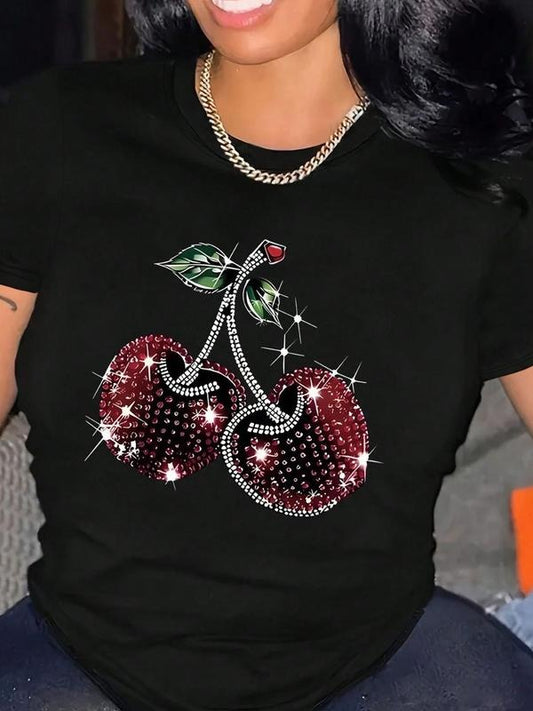 Women's Cherry Print Round Neck Tee, Fashion Casual Crew Neck T-shirt for Daily Holiday Vacation Outdoor Wear, Ladies...