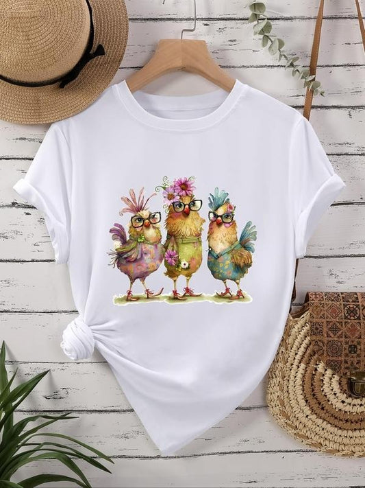 Women's Chicken & Floral Print Round Neck Tee, Trendy Casual Short Sleeve Crew Neck T-shirt for Daily Wear, Ladies All...