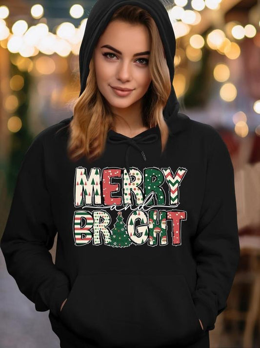Women's Christmas & Letter Print Drawstring Pocket Hoodie, Casual Long Sleeve Hooded Sweatshirt for Fall & Winter,...