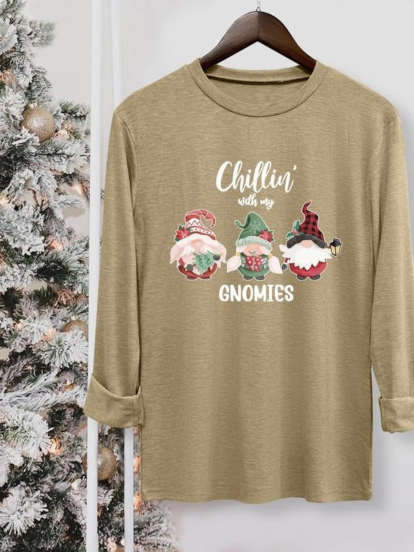 Women's Christmas Cartoon Santa Claus Print Round Neck Tee, Casual Long Sleeve Crew Neck T-shirt for Fall & Winter,...