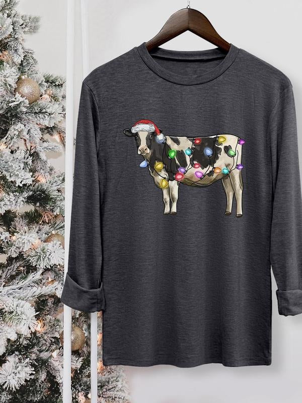 Women's Christmas Cow Print Round Neck Tee, Casual Long Sleeve Crew Neck T-shirt for Fall & Winter, Women's Top for Daily...