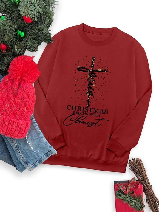Women's Christmas Cross Print Crew Neck Sweatshirt, Casual Long Sleeve Pullover for Fall & Winter, Women's Clothes for...