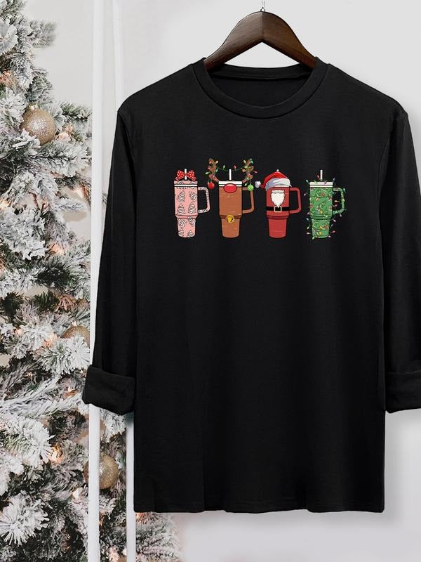 Women's Christmas Drinks Print Round Neck Tee, Casual Long Sleeve Crew Neck T-shirt for Fall & Winter, Women's Top for...
