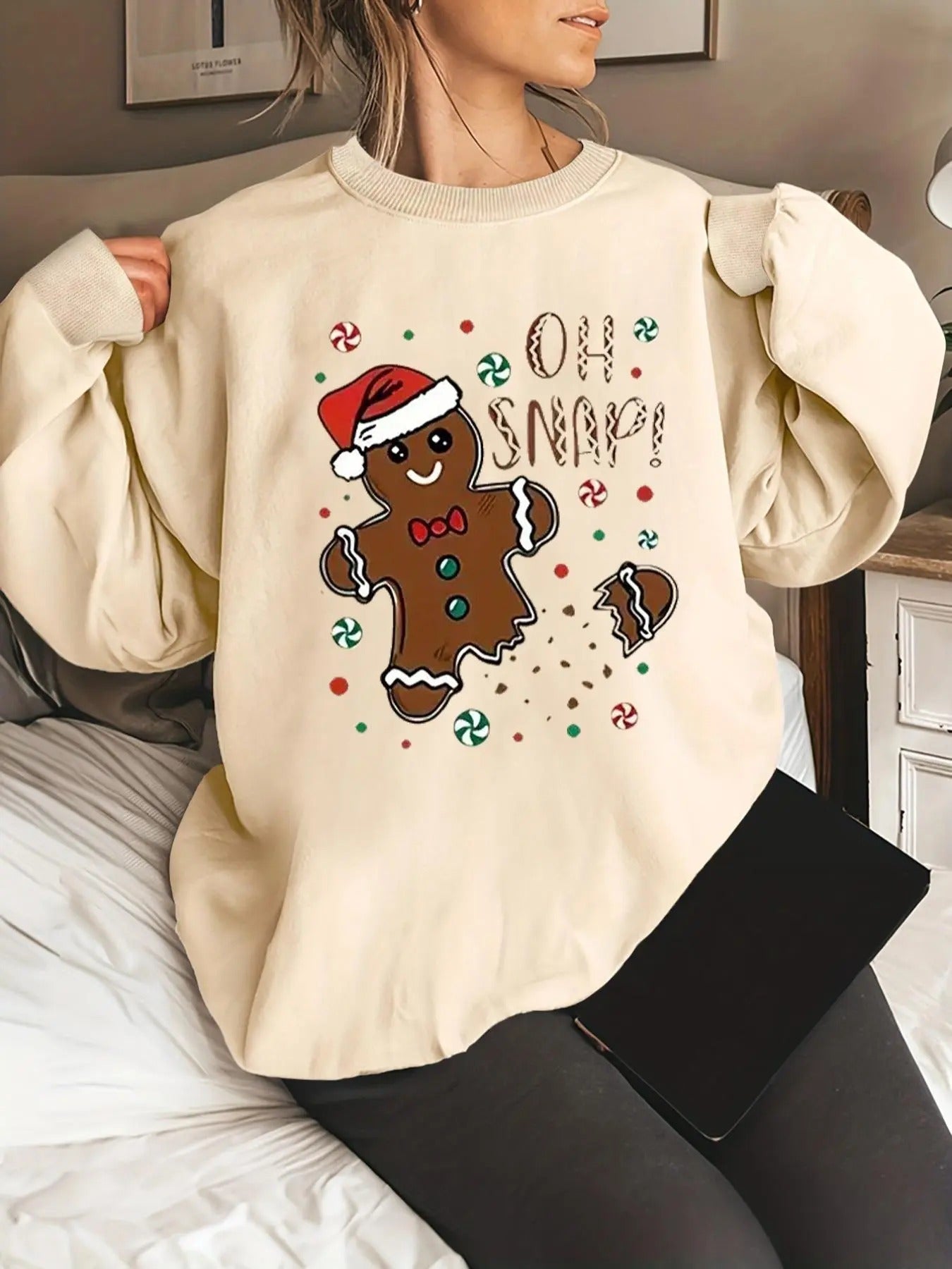 Women's Christmas Gingerbread Man & Letter Print Crew Neck Sweatshirt, Casual Drop Shoulder Long Sleeve Pullover, Women's...