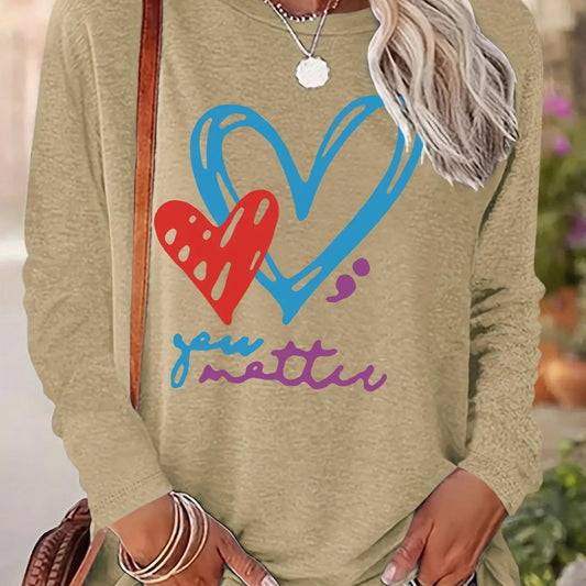Women's Christmas Heart & Letter Print Drop Shoulder Tee, Casual Long Sleeve Round Neck Top for Daily Wear, Ladies Fall &...