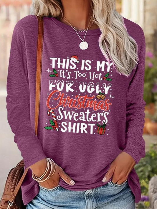 Women's Christmas Letter Print Drop Shoulder T-shirt, Casual Long Sleeve Round Neck Pullover for Daily Wear, Ladies Fall...