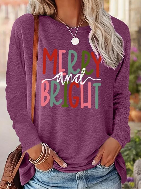 Women's Christmas Letter Print Drop Shoulder T-shirt, Casual Long Sleeve Round Neck Tee for Fall & Winter, Ladies Clothes...