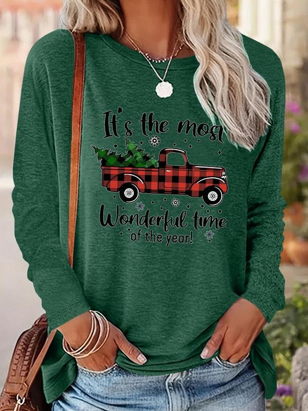 Women's Christmas Letter Print Drop Shoulder Tee, Casual Long Sleeve Round Neck Pullover for Daily Wear, Ladies Fall &...