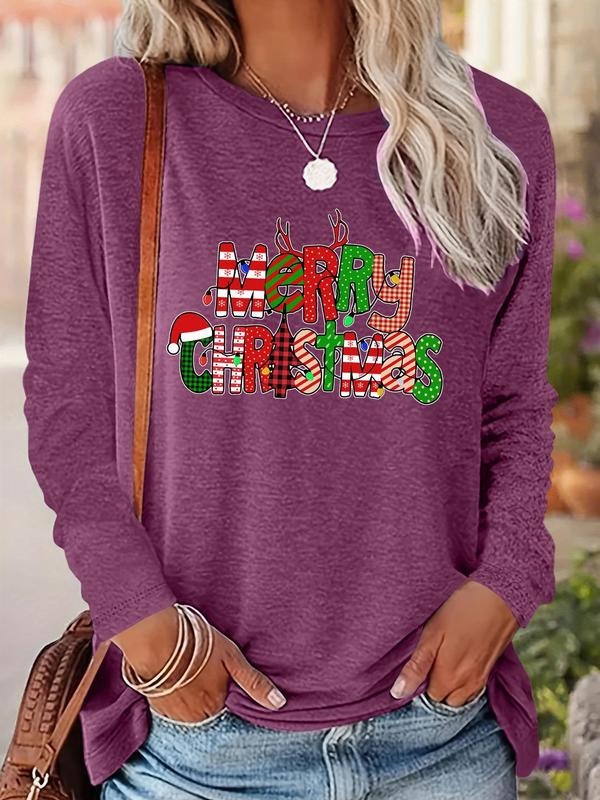 Women's Christmas Letter Print Drop Shoulder Tee, Casual Long Sleeve Round Neck Pullover for Daily Wear, Ladies Fall &...