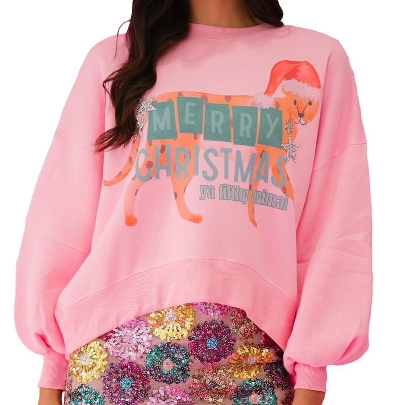Women's Christmas Loose Pullover Sparkly Rhinestone Letter Print Long Sleeve Crew Neck Sweatshirt T-Shirts, Hoodie