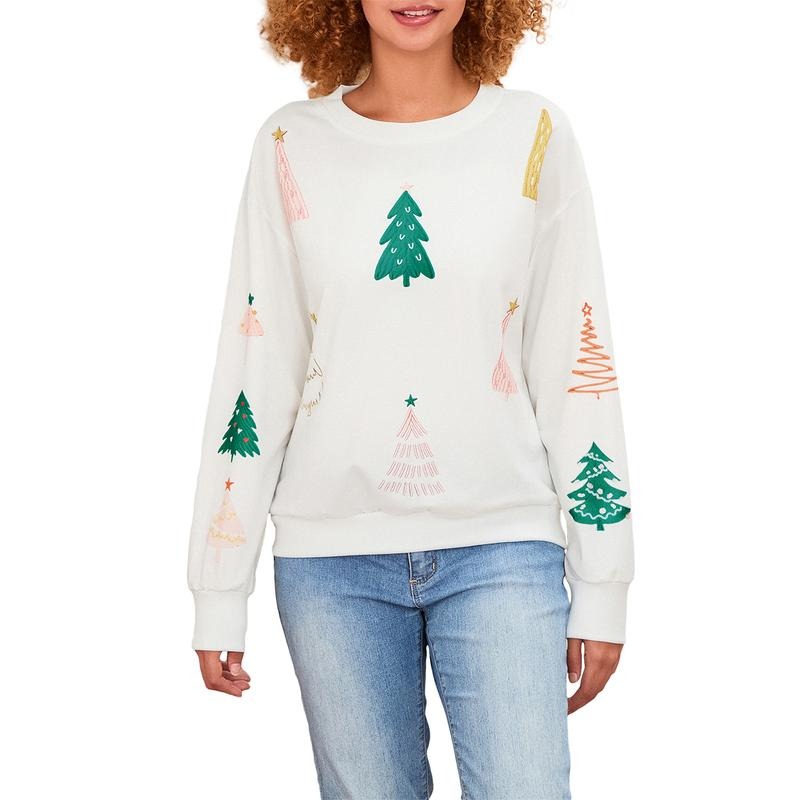 Women's Christmas Loose Sweatshirts Christmas Tree Embroidered Round Neck Long Sleeve Pullovers Fall Winter Casual Tops...