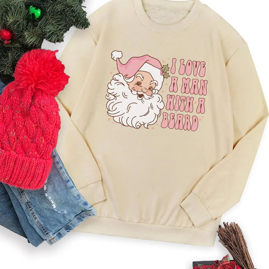 Women's Christmas Santa Claus & Letter Print Crew Neck Pullover, Casual Long Sleeve Sweatshirt for Fall & Winter, Women's...