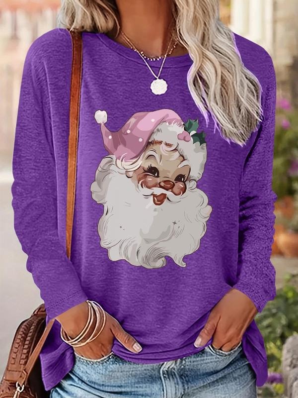 Women's Christmas Santa Claus Print Round Neck Tee, Casual Long Sleeve Crew Neck T-shirt  for Fall & Winter, Women's...