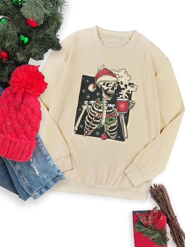 Women's Christmas Skeleton Print Drop Shoulder Sweatshirt, Casual Long Sleeve Round Neck Pullover for Daily Wear, Ladies...