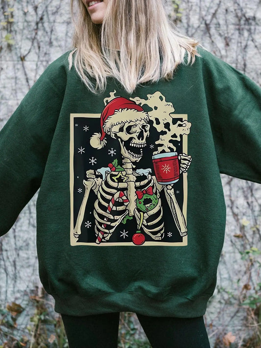 Women's Christmas Skeleton Print Drop Shoulder Thermal Lined Sweatshirt, Casual Long Sleeve Round Neck Pullover for Daily...