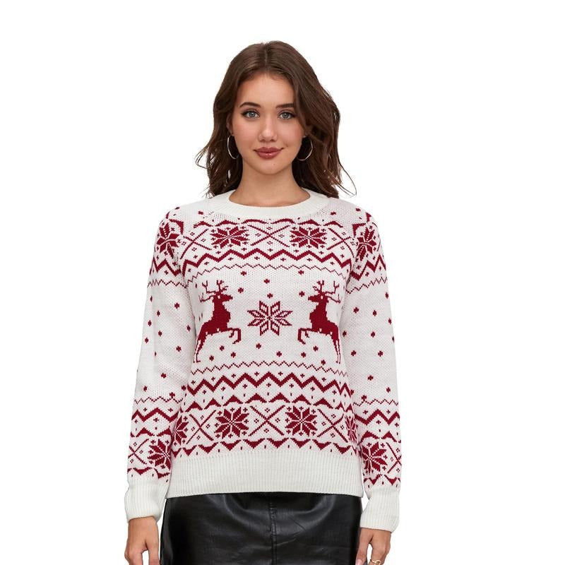 Women's Christmas Sweaters Classic Reindeer Snowflake Print Long Sleeve Round Neck Knit Jumper Tops T-Shirts, Hoodie,...