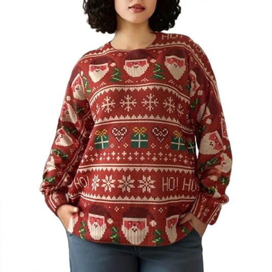 Women's Christmas Sweaters Santa Pattern Drop Shoulder Long Sleeve Round Neck Loose Knit Tops T-Shirts, Hoodie, Sweatshirt