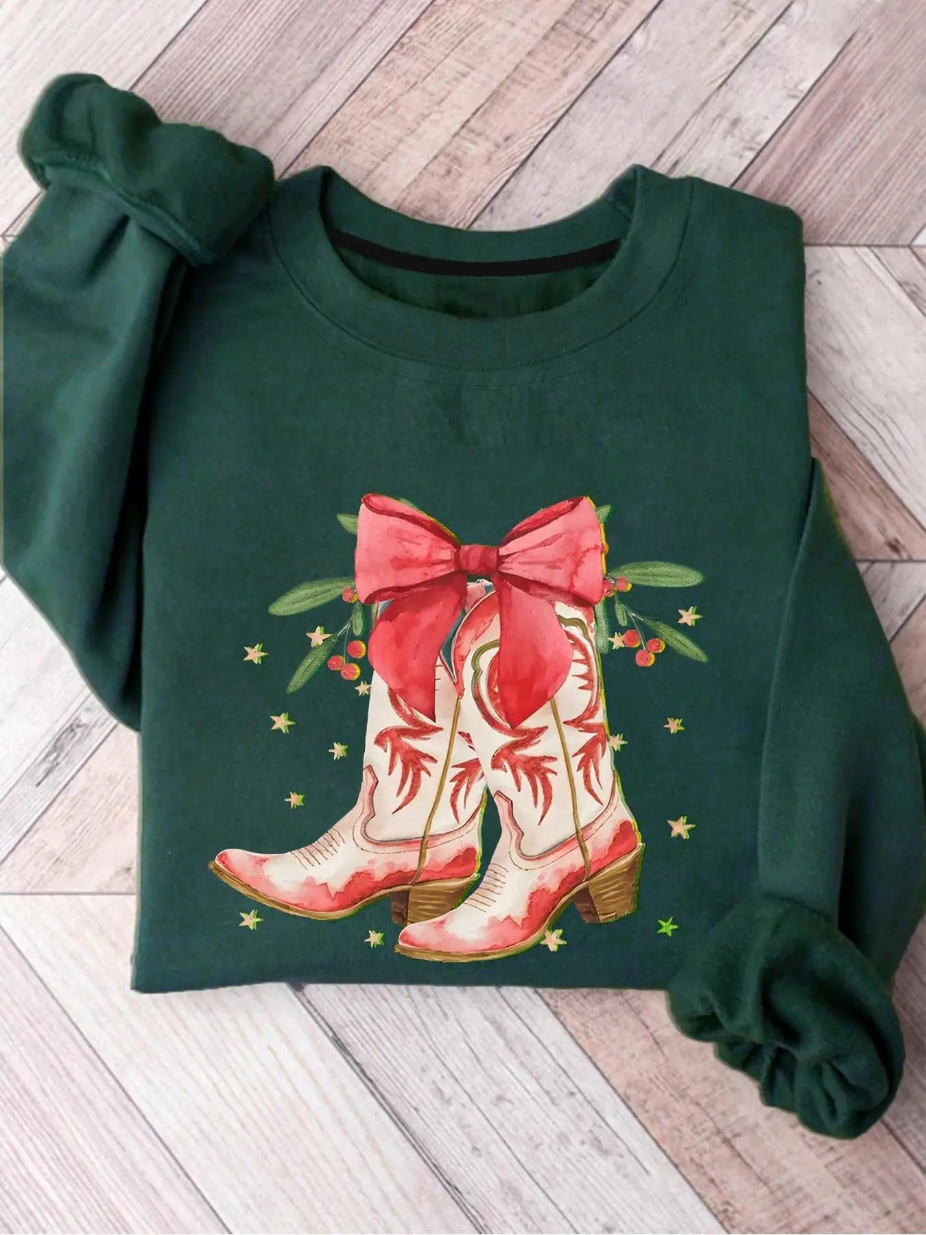 Women's Christmas Themed Boots Print Round Neck Sweatshirt, Casual Long Sleeve Crew Neck Pullover for Daily Wear, Ladies...