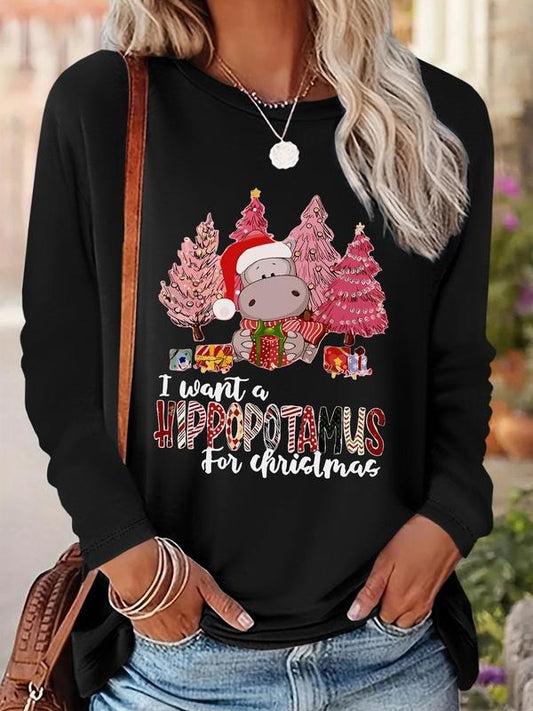 Women's Christmas Themed Cartoon Print Round Neck Tee, Casual Long Sleeve Crew Neck T-shirt  for Fall & Winter, Women's...