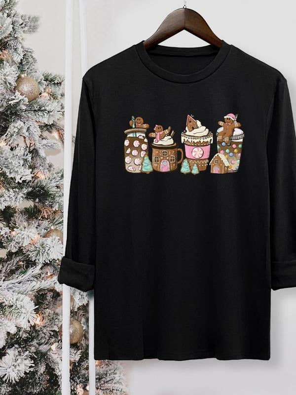 Women's Christmas Themed Cup Print Round Neck Tee, Casual Long Sleeve Crew Neck T-shirt for Fall & Winter, Women's Top...