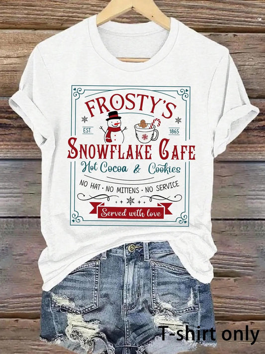 Women's Christmas Themed Frosty's Snowflake Cafe Round Neck Graphic Tee, Casual Short Sleeve T-Shirt for Summer, Women's...