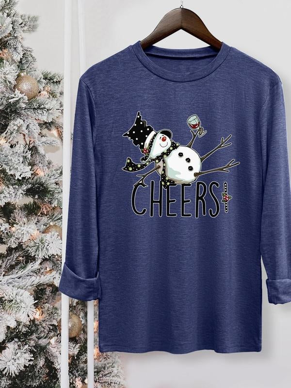 Women's Christmas Themed Snowman & Letter Print Round Neck Tee, Casual Long Sleeve Crew Neck T-shirt for Fall & Winter,...