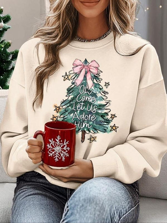 Women's Christmas Tree & Letter Print Crew Neck Sweatshirt, Casual Long Sleeve Pullover for Fall & Winter, Women's...