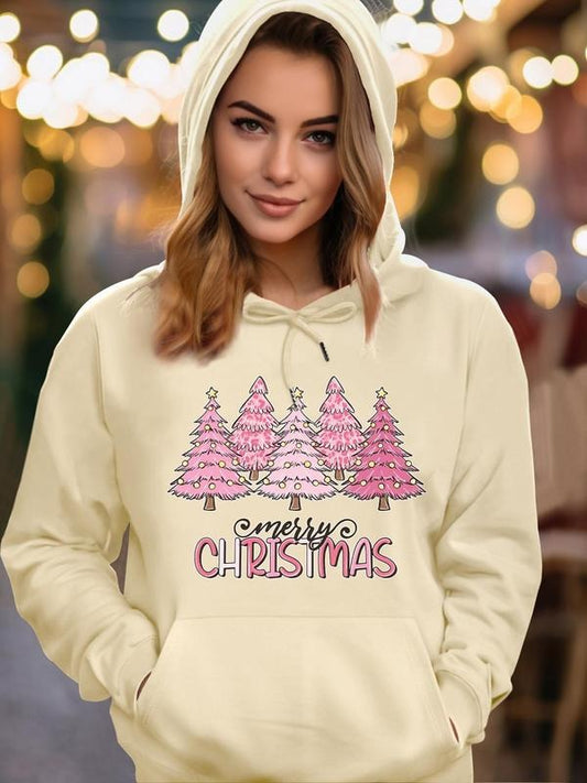 Women's Christmas Tree & Letter Print Drawstring Pocket Hoodie, Fashion Casual Hooded Sweatshirt for Daily Holiday...