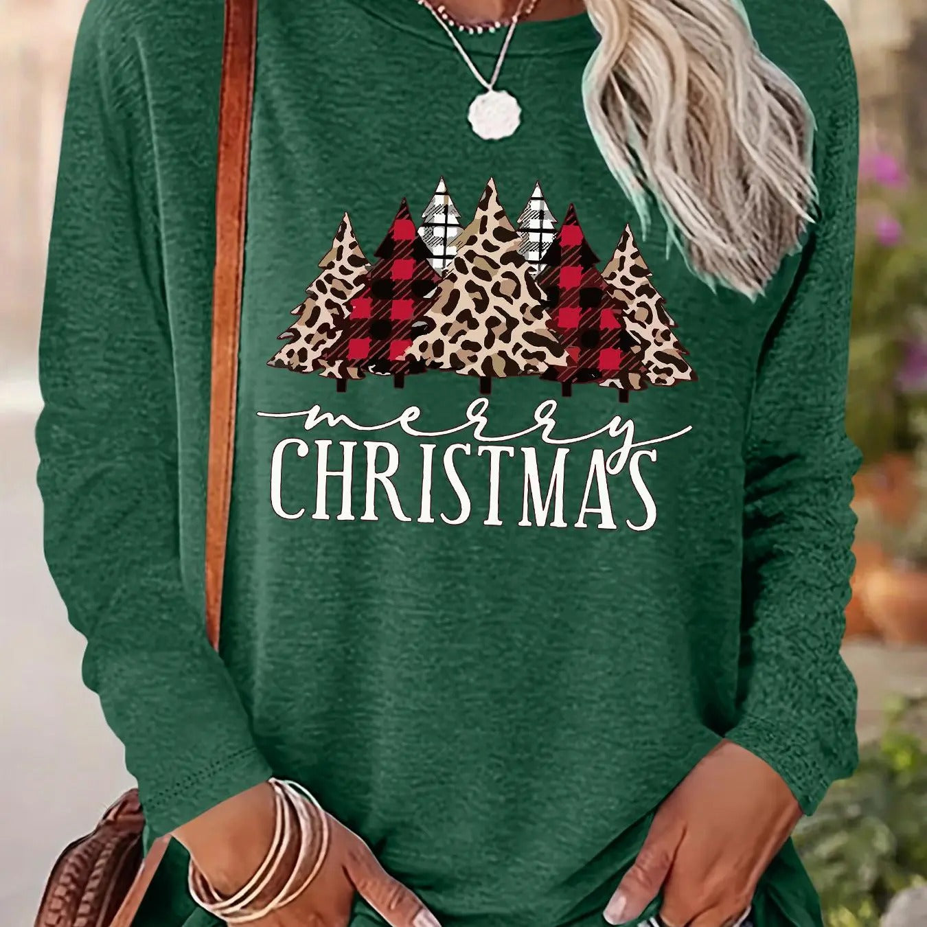 Women's Christmas Tree & Letter Print Drop Shoulder T-shirt, Casual Long Sleeve Round Neck Pullover for Daily Wear,...
