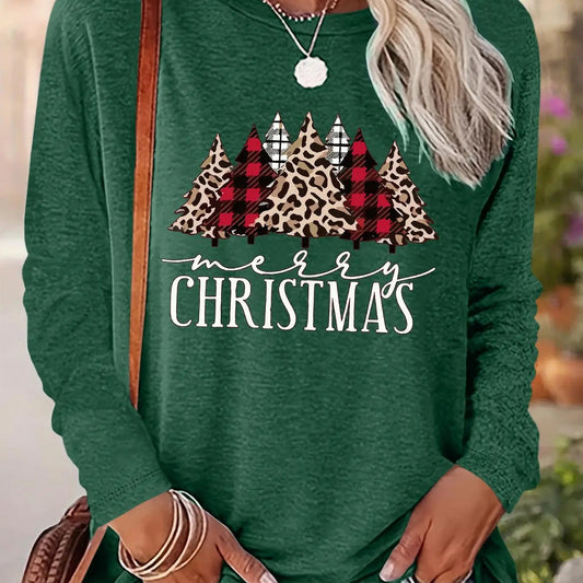 Women's Christmas Tree & Letter Print Drop Shoulder T-shirt, Casual Long Sleeve Round Neck Pullover for Daily Wear,...
