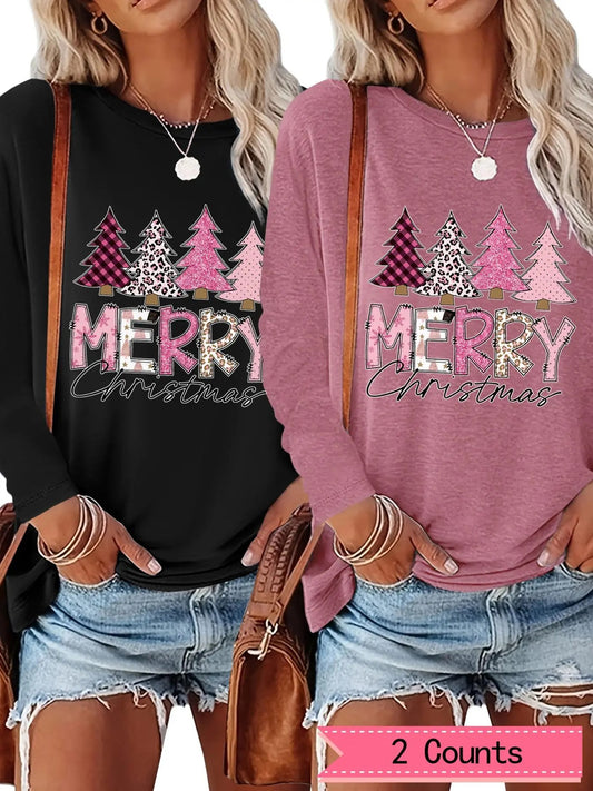 Women's Christmas Tree & Letter Print Tee, Ladies Fall & Winter Clothes for Daily Wear Hoodie, Sweatshirt | WearSparks.com