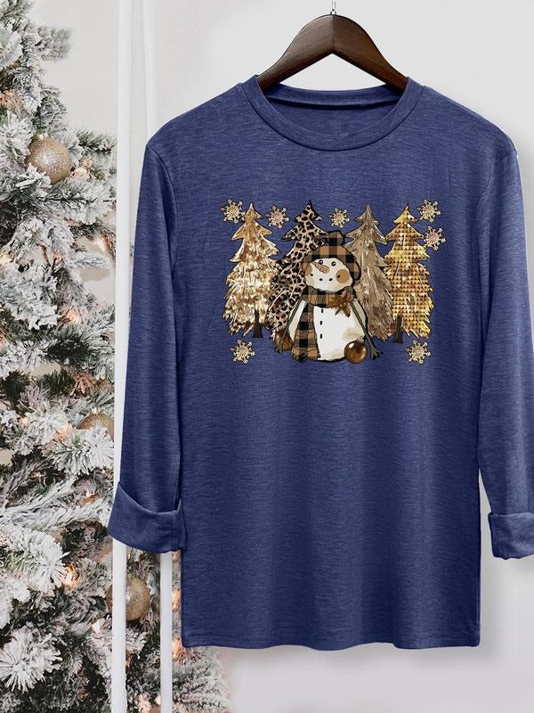 Women's Christmas Tree & Snowman Print Round Neck Tee, Casual Long Sleeve Crew Neck T-shirt for Fall & Winter, Women's...