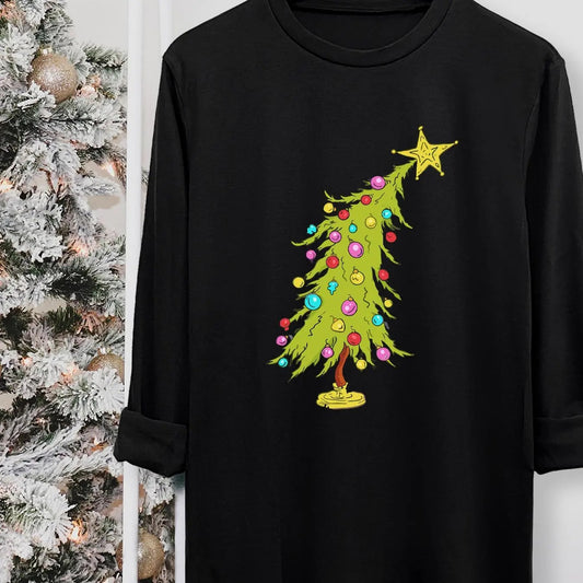 Women's Christmas Tree Print Round Neck Tee, Casual Long Sleeve Crew Neck T-shirt for Fall & Winter, Women's Top for...