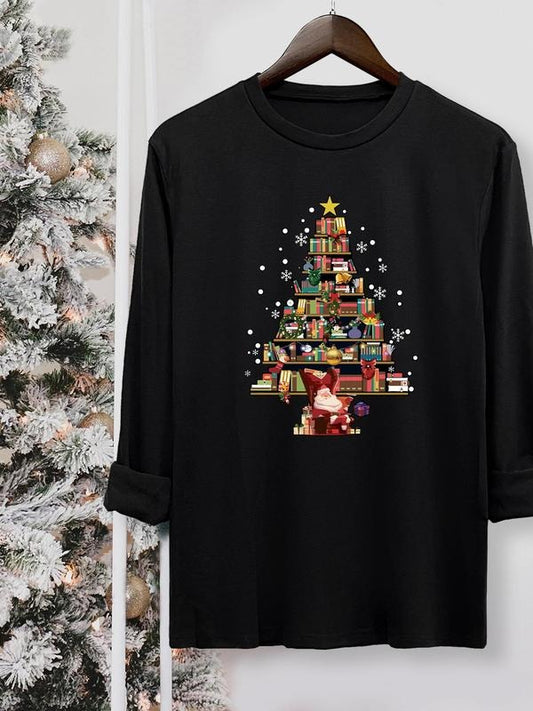 Women's Christmas Tree Print Round Neck Tee, Casual Long Sleeve Crew Neck T-shirt for Fall & Winter, Women's Top for...