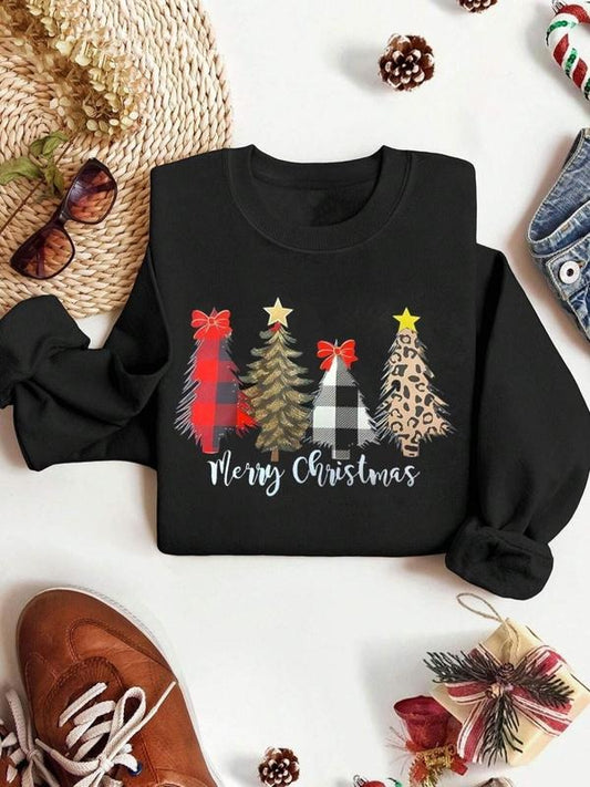 Women's Christmas Tree Print Round Neck Thermal Lined Sweatshirt, Casual Long Sleeve Pullover for Daily Wear, Ladies Fall...