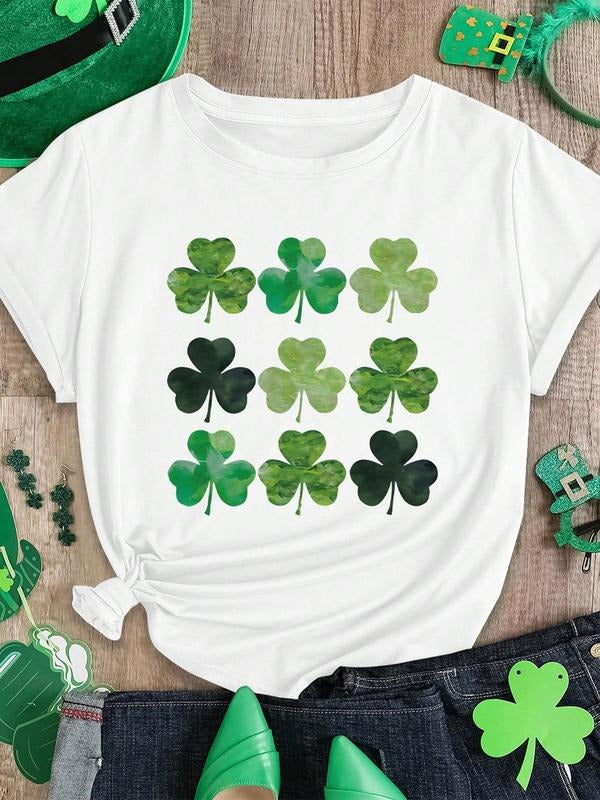 Women's Clover Print Round Neck Tee, Casual Short Sleeve Crew Neck T-shirt for Daily Wear, Ladies Clothes for All Seasons...